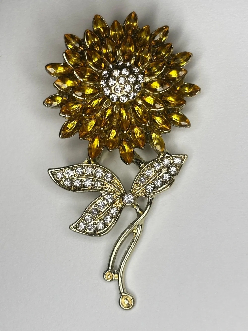 Sunflower Brooch Gold Tone Amber Rhinestone Floral‎ Pin Large 3”